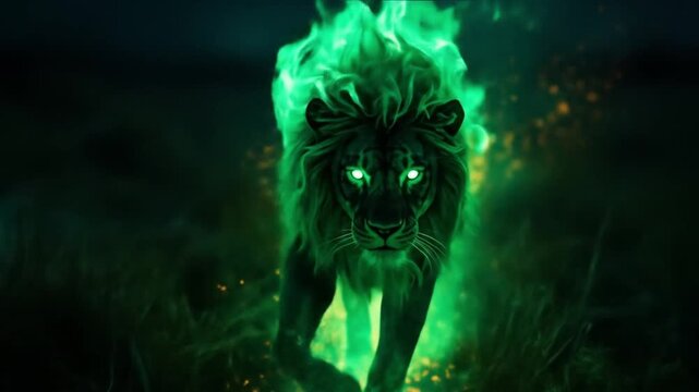 Majestic green lion with glowing eyes walking through a mystical landscape at night