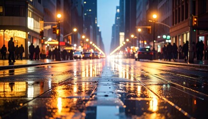 Naklejka premium 雨で濡れた道路に反射するライトの光