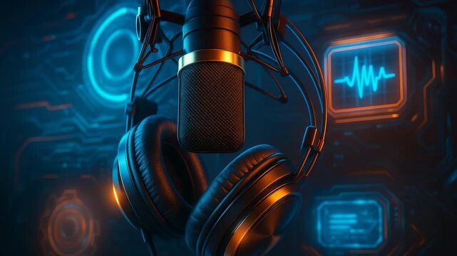 Microphone and Headphones with Digital Sound Waves and Audio Technology Interface