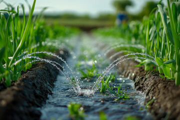 Agricultural field with green crops receiving fresh water irrigation. Water droplets spray between plant rows in outdoor farm land.