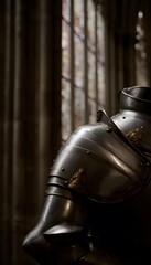 Close-up of knight's armor in cathedral aisle