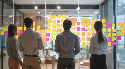 Collaborative brainstorming session with diverse team analyzing sticky notes on glass wall, modern office.