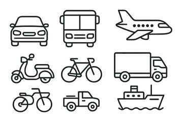 Outline icons of various vehicles: car, bus, airplane, scooter, bicycle, truck, boat