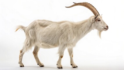 A brown and white horned goat on a farm pasture or isolated on a white background