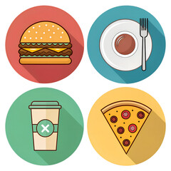 Flat design icons showcasing delicious fast food meals, coffee, and dessert for menu or app design