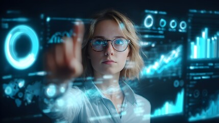 Young woman analyzing data visualization with glowing charts and futuristic interface technology.