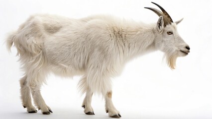 A cute, white domestic goat with horns standing on a white background