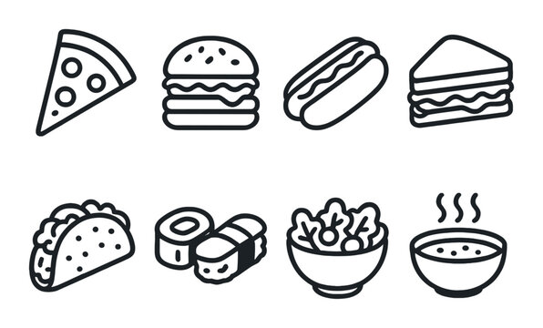 Monochrome outline icons of pizza, burger, hot dog, sandwich, taco, sushi, salad, and soup