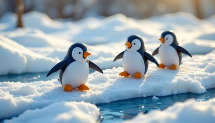 Fototapeta premium Penguin Parade in the Arctic: A charming trio of penguins waddle across the pristine ice and snow of their icy homeland, with blue water around, portraying resilience and playful nature.