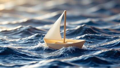Paper Boat on the Open Sea: A charming paper boat gracefully navigates the turbulent waves of the deep blue ocean, its tiny sail catching the wind as it embarks on a voyage.