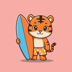 A cheerful cartoon tiger in polka-dot swim trunks poses with a vibrant surfboard against a pink backdrop, blending beach vibes with bold personality.