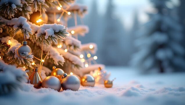 Snow covered christmas tree with warm lights in a winter forest