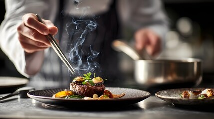 Fine dining chef meticulously plating a gourmet steak with artistic garnish and smoky presentation.