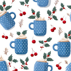 A festive repeating pattern of blue mugs filled with frothy beverages, topped with holly and berries, against a black background.  Each mug has a polka dot design