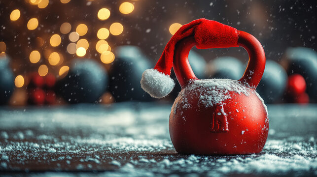 Red kettlebell wearing Santa Claus hat is placed on snowy surface against bokeh background, embodying christmas fitness and healthy lifestyle during holidays