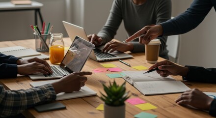 Diverse team collaborating on laptops and notebooks at a wooden table with juice and stationery