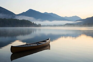 A solitary yellow canoe rests on a calm, misty mountain lake during a serene sunrise