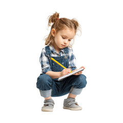 Young girl drawing on clipboard with pencil on white background