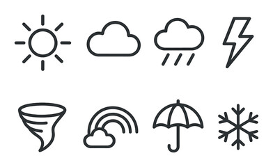 Fototapeta premium Black weather icons on dark background: sun, cloud, rain, lightning, tornado, rainbow, umbrella, snowflake