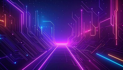 Vibrant neon circuit lines creating a futuristic digital landscape.