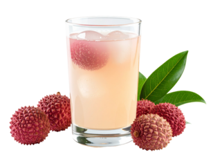 Refreshing Lychee Drink with Ice, Whole Fruits, and Green Leaves on Black Background