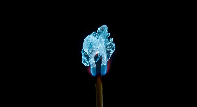 A matchstick with a flame of solid ice, a powerful metaphor for cold fury, an unexpected power, and a beautiful, dangerous paradox - Powered by Adobe