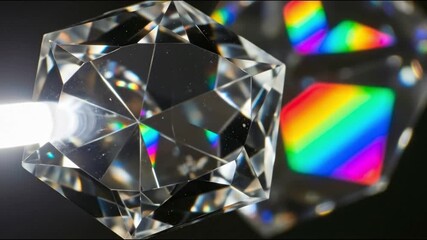 A bright beam of light shines through a cut crystal or diamond, refracting and dispersing into a vibrant rainbow spectrum against a dark background. - Powered by Adobe