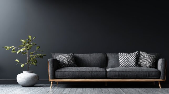 Fototapeta Chic Living Space: Modern Dark Room with Grey Sofa and Elegant Decor Featuring a Stylish Black Wall