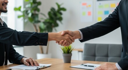 Two business people shaking hands over a wooden desk in a bright office environment scene