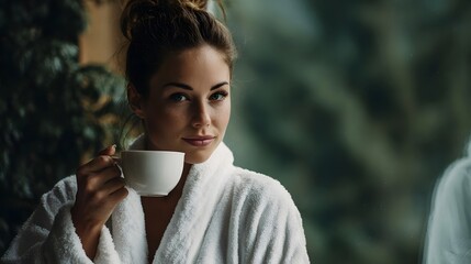 A young woman in a soft white bathrobe enjoys a warm beverage in a cup looking calmly towards the viewer from a serene indoor setting with a blurred