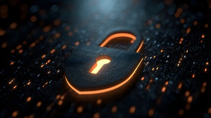 Cybersecurity lock glowing orange amidst digital binary code, data protection and network security concept.