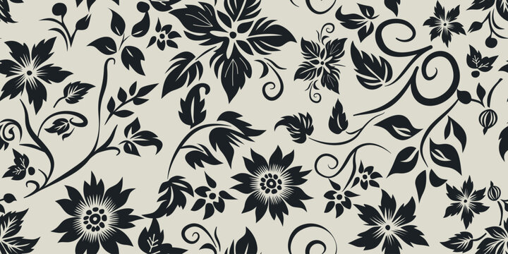 A monochromatic floral pattern featuring stylized dark flowers and leaves on a light beige background. floral damask pattern.Motifs Ikat floral embroidery.Ethnic oriental pattern traditional.