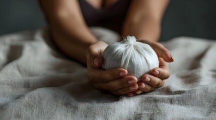 Close up of hands gently holding a white herbal compress ball suggesting a moment of natural spa therapy and relaxation on a tranquil linen surface