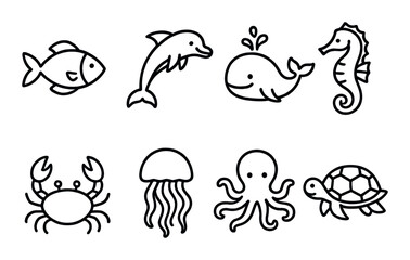 Obraz premium Collection of marine animal icons featuring fish, dolphin, whale, seahorse, crab, jellyfish, octopus, turtle