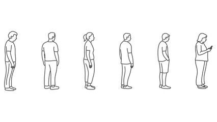 People standing in line outline drawing set with human figure silhouettes
