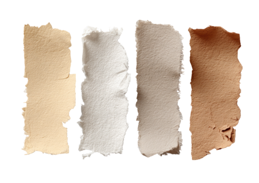 Four torn paper strips in varying shades of beige and off-white