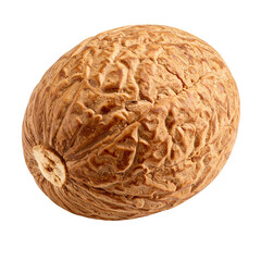 Fototapeta premium Whole Nutmeg Spice Seed Isolated on Black Background. Close-up Macro Shot of Brown Textured Organic Ingredient.