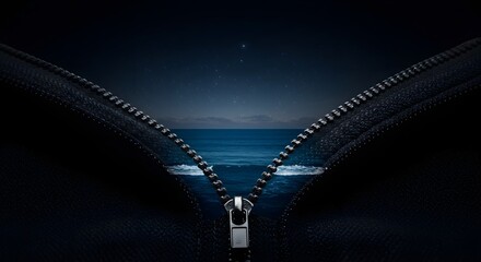 Naklejka premium A zipper of crashing shorelines opens to reveal a star-filled ocean, a surreal metaphor for discovering a hidden universe, a portal to the subconscious, and a world of deep serenity