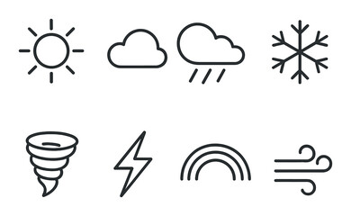 Fototapeta premium Weather icons: sun, cloud, rain, snowflake, tornado, lightning, rainbow, wind
