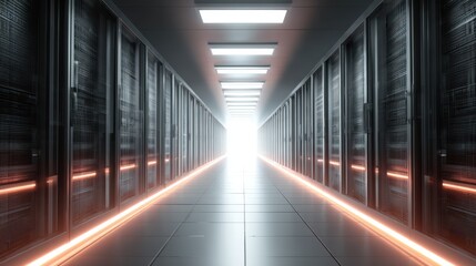 Fototapeta premium Illuminated Server Corridor: 3D Visualization of a Data Center with Dynamic Light and Advanced Network Infrastructure