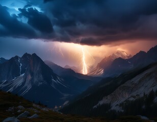 dark mountain range at night with a bolt of lightning illuminating the sky clouds glowing with dramatic light intense and moody