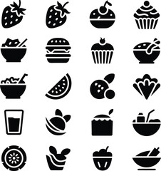 A Diverse Collection of Delightful Food Icons Representing Various Culinary Treats and Refreshments Displayed in a Grid Like Arrangement