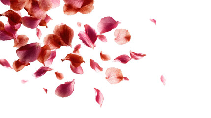 Rose petals in flight against a black background