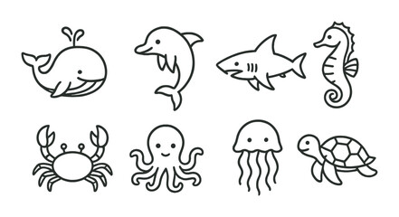 Cute cartoon sea creatures: whale, dolphin, shark, seahorse, crab, octopus, jellyfish, turtle