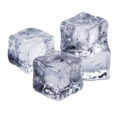 Three clear ice cubes, slightly overlapping,  with visible texture