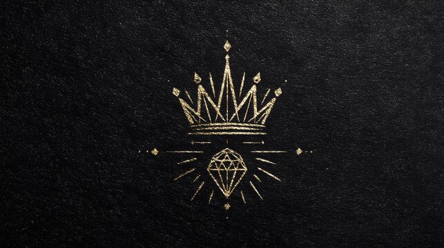 Golden crown and diamond illustration, luxury branding, regal design element, elegant stationery, dark background.