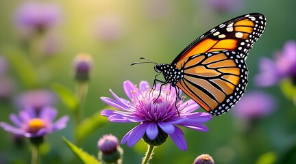 Fototapeta premium Monarch butterfly alighting on a delicate purple flower in a sunlit garden