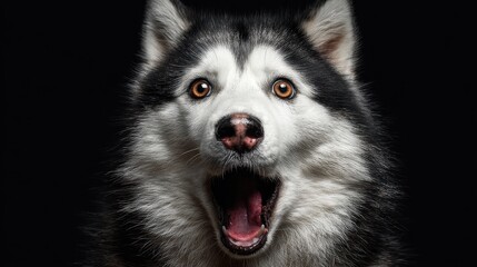 Obraz premium Astonished Siberian Husky: Front View of a Surprised Canine with Opened Mouth Against a Black Background