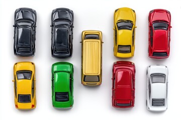 Bird's Eye View of Colorful Toy Cars on a Clean White Surface