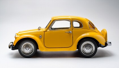 a yellow toy car on a white background